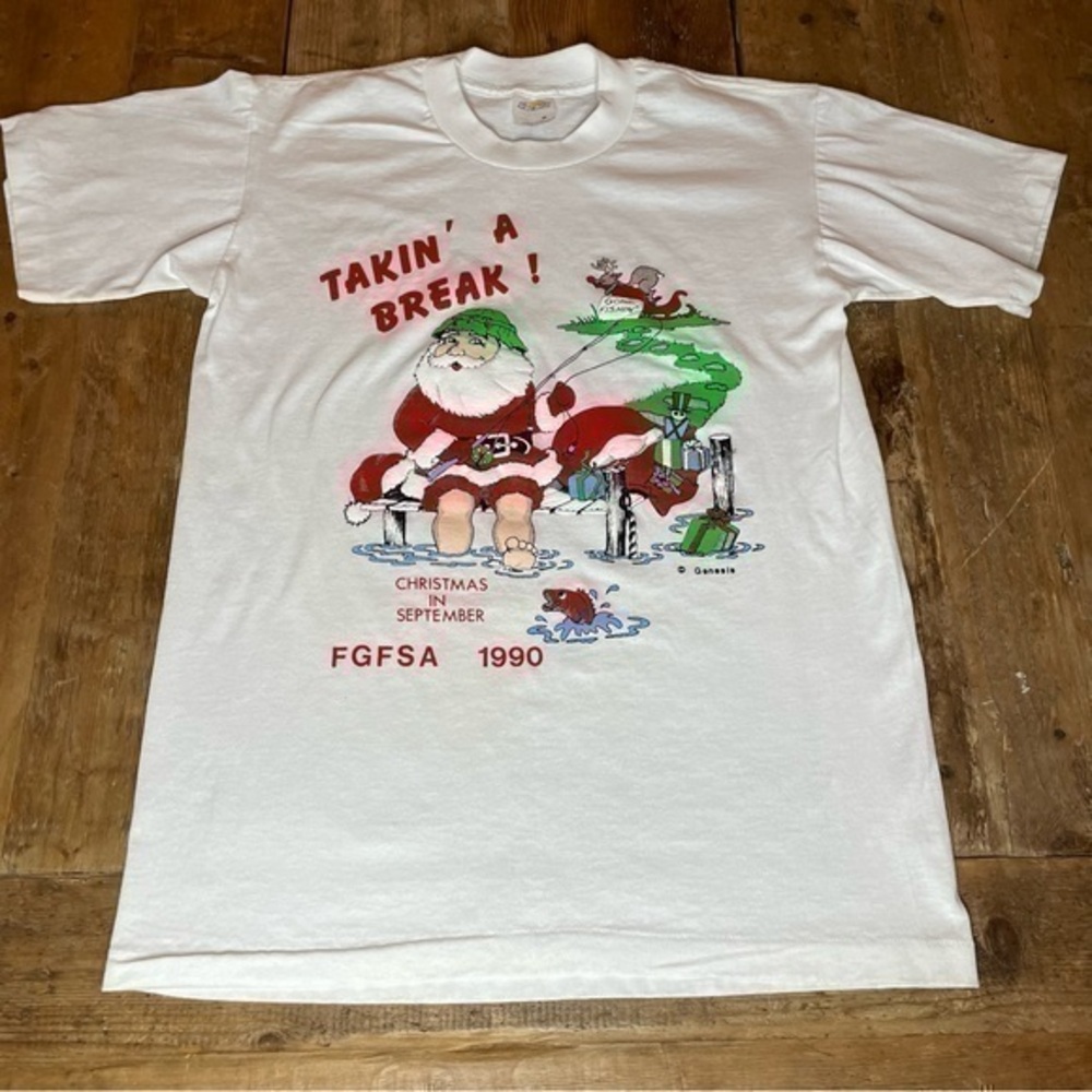 Vintage 90s Christmas Santa Claus Fishing 1990 T-Shirt Single Stitch Puff USA